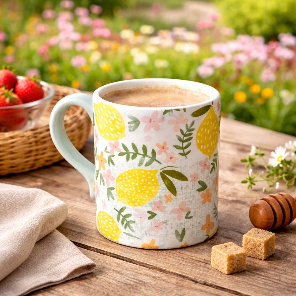Mud Pie “Hello Sunshine” Lemon Floral Mug – Sage Green Ombre